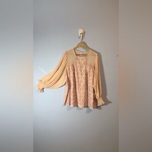 Entro pink peasant blouse balloon sleeves chiffon ikat print purple XL